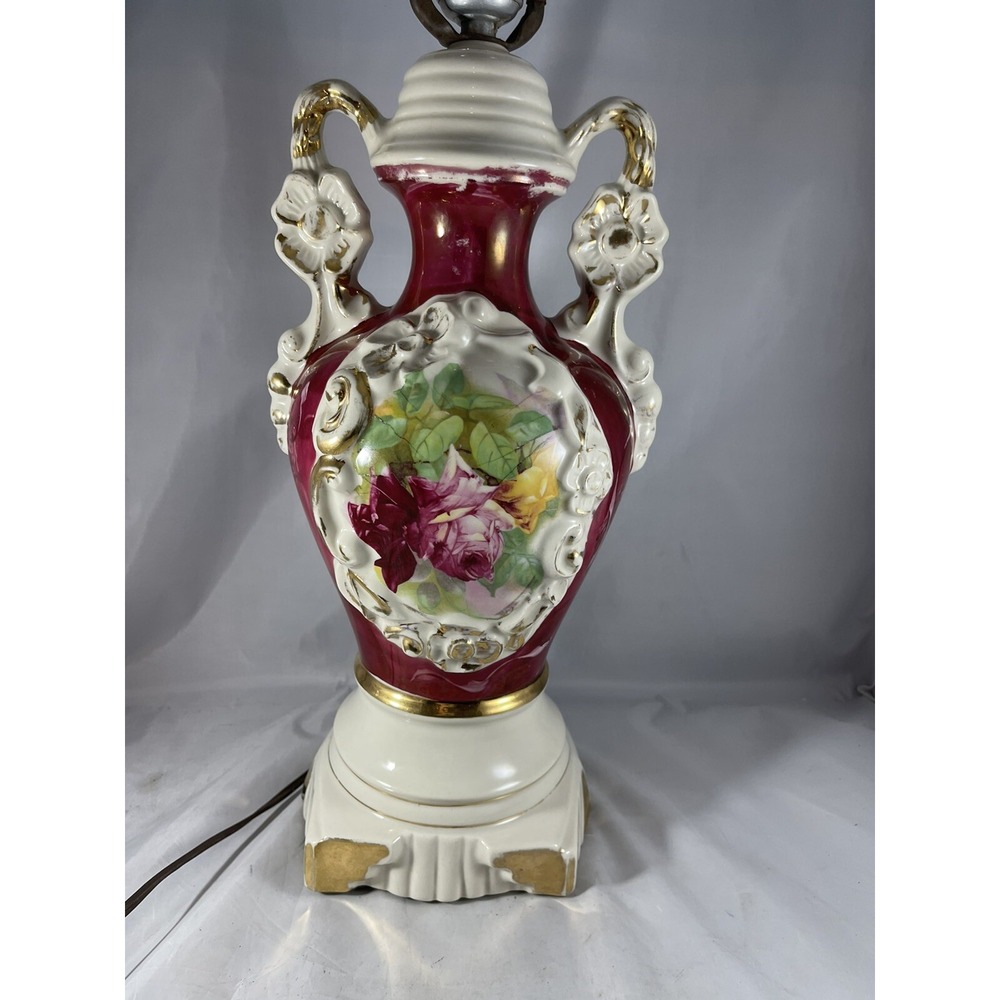 Vtg Ulrich Porcelain Urn Lamp Red Gold Hand Painted Marbleized Pink Mid-century